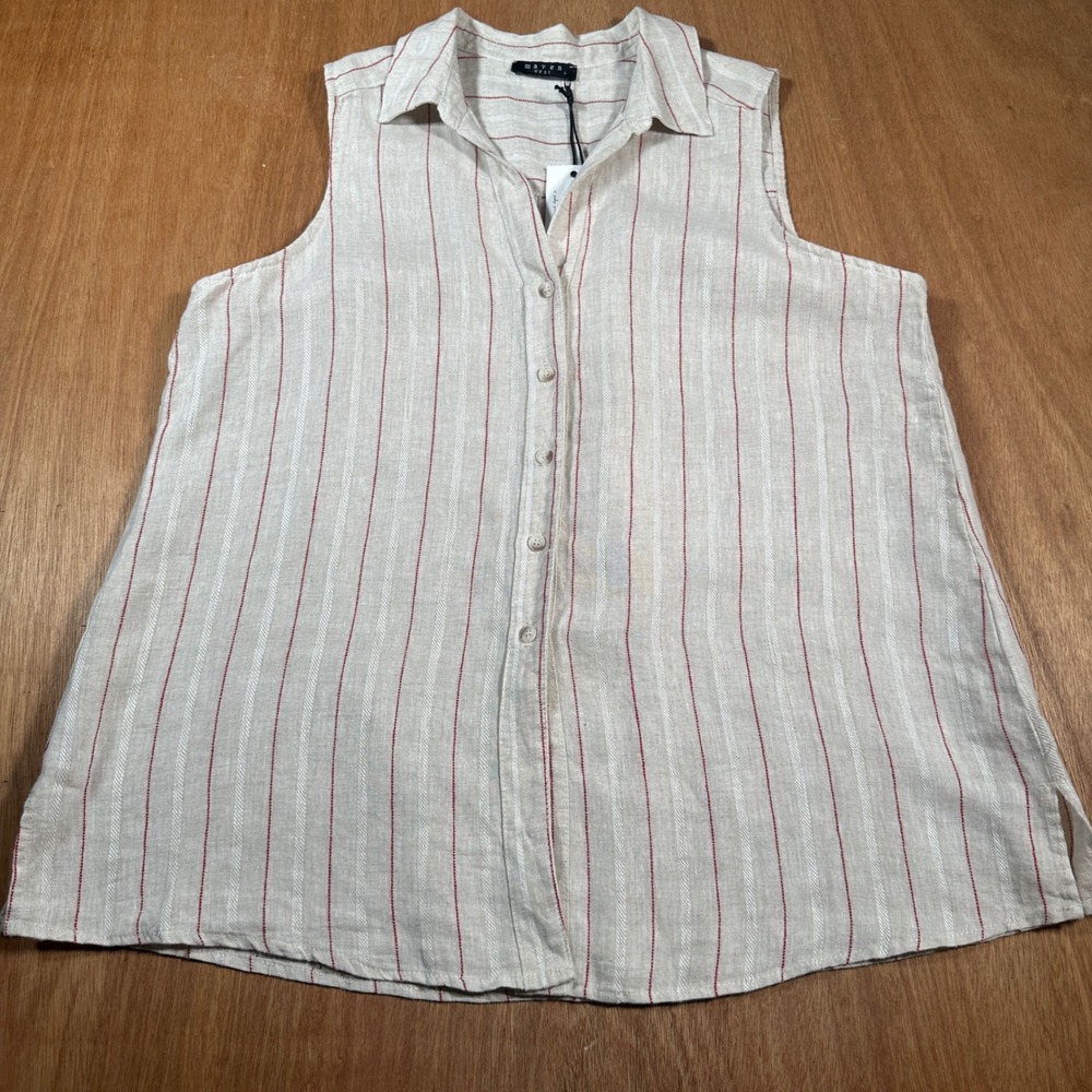 Maven West Sleeveless Top Women Large Beige Red Stripe Linen Button Down NWT